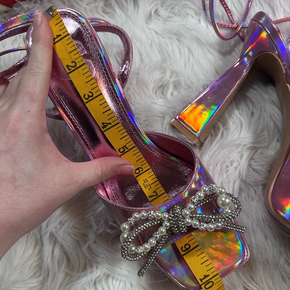 Dolls Kill • Iridescent Pink Lace Up Pyramid Heels - Picture 6 of 16